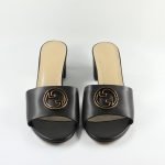 Black Leather Block Heel Sandal with Gold Accent