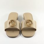 Beige Leather Flat Slide Sandal with Gold Accent